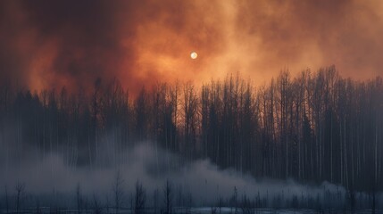 Fototapeta premium Countryside forest with cloudy sky covered by fire smoke during the evening. 