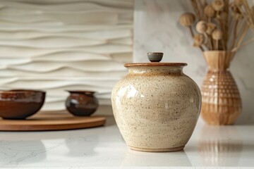 A beautiful ceramic jar with a lid, positioned on a sleek kitchen counter