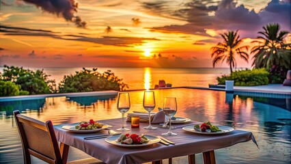 Obraz premium Romantic dinner setup by the pool at sunset , romance, evening, poolside, elegant, luxury, candlelight, setting, date, love