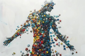 A human figure made up of puzzle pieces, some in place and others scattered around