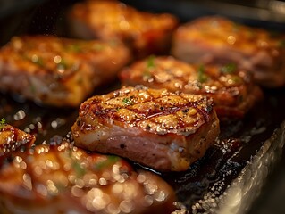 Close up of Sizzling Lab Grown Pork Chops Highlighting Their Texture and for a Futuristic Culinary Concept