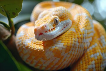 Fototapeta premium Snake coiled on a tree branch.