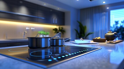 Household cooking: electric cooker and range hood in a modern kitchen environment, emphasizing stainless cookware on a glass ceramic hob, perfect for home appliance promotions