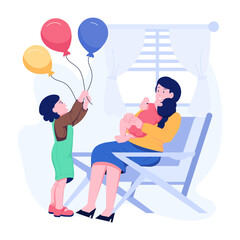 A flat character illustration of playing mother children 