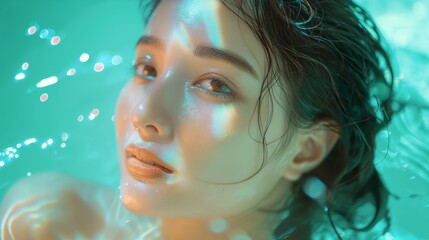 Close up portrait of beautiful young Asian woman with natural makeup and water splash on her face
