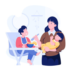 A flat style illustration of mother feeding children 