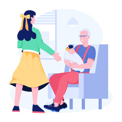 Grandfather playing with grandchildren, flat style illustration 