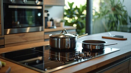Modern kitchen setup: induction stove, oven, and range hood with wooden furniture, showcasing a stainless pan on a glass ceramic hob, perfect for contemporary home cooking scenes