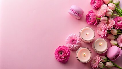 Pink flowers, candles, and a macaron on a pink background, pink, flowers, candles, macaron, dessert, elegant, romantic