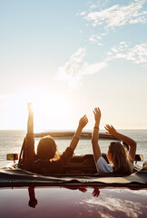Happy people, celebration and friends in convertible for adventure, freedom and holiday or road...