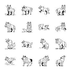 Set of 16 Doodle Wolf Icons 

