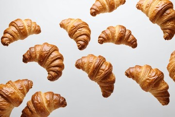 Freshly baked croissant flying in air, isolated on white background. French pastry croissants floating. Buttered bread croissants flying in air isolated.