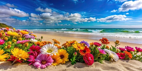 Colorful flowers scattered on sandy beach with ocean in background, beach, flowers, sand, ocean, colorful, beautiful