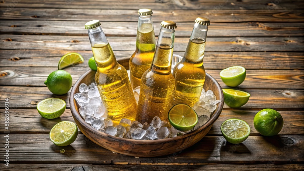 Wall mural Corona Extra lager beer bottles on ice with lime slices on a rustic wooden table at Cerveceria Modelo in Mexico , cerveza