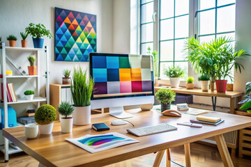 Vibrant graphic design project unfolding on a sleek desktop, surrounded by modern gadgets, amidst a clutter-free workspace, exuding creativity and professional finesse.