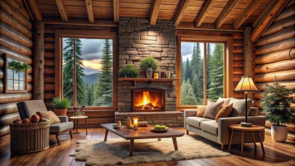 Fototapeta premium Cozy cabin in the woods with warm fireplace and rustic decor, cozy, cabin, woods, fireplace, rustic, decor, comfortable
