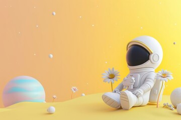 Naklejka premium Cute astronaut in other planet fantasy background outdoors cartoon nature.
