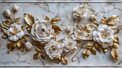 Timeless floral art: white and gold rose stucco relief featuring delicate petals and leafy textures, perfect for elegant and refined decor