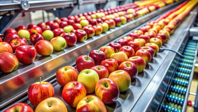 Fresh apples move rapidly on a conveyor belt as high-tech cameras and sensors inspect and grade them with precision.