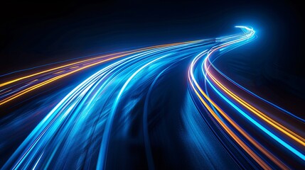 bright blue light trails curving dynamically against a dark background, conveying a sense of speed and motion.