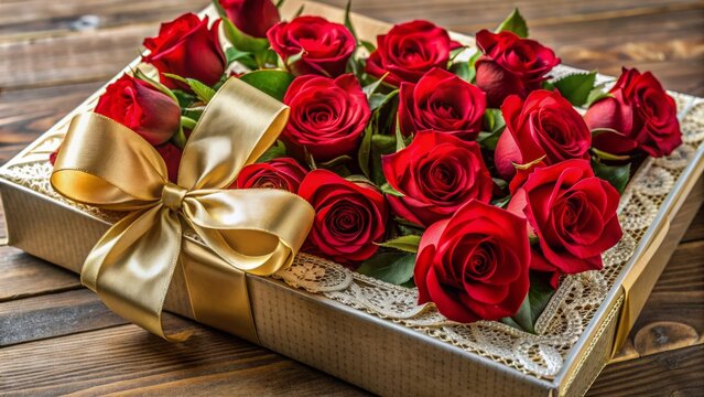 Exquisite long-stemmed red roses beautifully arranged in a luxurious satin-lined gift box with delicate lace and golden ribbon wrapping.