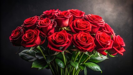 Obraz premium Vibrant bouquet of long stemmed red roses arranged artfully against a dramatic black background, exuding elegance and romantic sophistication.