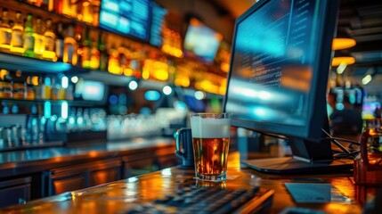 Beer and Technology in Cozy Bar Setting. Generative ai.