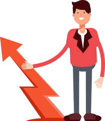 Businessman in Red Suit Character and Arrow Chart
