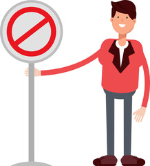 Businessman in Red Suit Character and Prohibition Signage
