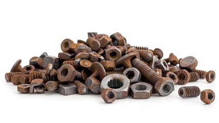 close up side view on rusty nuts and bolts pile heap on white background