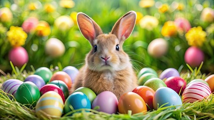 Cute Easter bunny surrounded by colorful Easter eggs , Easter, bunny, eggs, spring, holiday, festive, decoration
