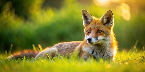 Fox relaxing in the warm late summer sun on a lush green meadow , Fox, meadow, late summer, sun, green, nature, wildlife