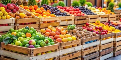 Obraz premium Fresh fruits displayed on wooden crates at the market, market, fresh, fruits, wooden crates, organic, healthy, colorful