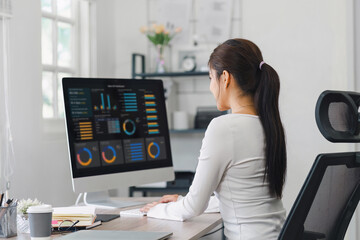 Professional data analyst using data visualizations dashboard on computer monitor for data business analysis and Data Management System.