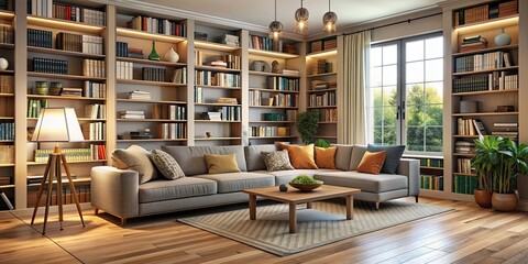 Cozy living room with shelves of books and comfortable seating , library, living room, books, cozy, shelves