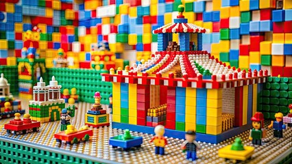 Colorful bricks arranged in a vibrant carnival display,  colorful, carnival, spectrum, bright, play, building blocks