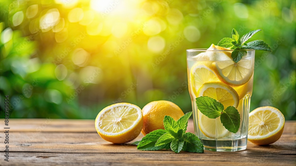 Poster Refreshing glass of lemonade with fresh lemon and mint leaves, with sunlit greenery in the background, lemonade