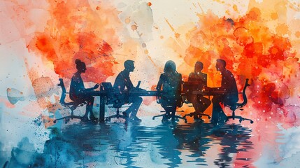 Dynamic watercolor team: business professionals brainstorming together, great for showcasing creative collaboration