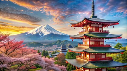 Naklejka premium of a vibrant travel poster for Japan showcasing famous landmarks and culture , Japan, travel, poster,design, tourism