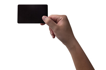 The man's hand holds a black card isolated on white background.