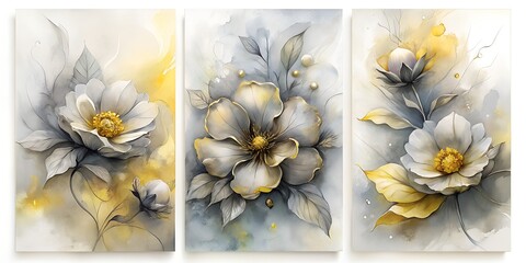 Set of Three Abstract Alcohol Ink Wall Art Panels - Grey and Yellow Flowers