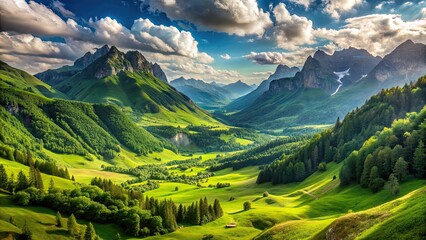 Obraz premium Mountain green valley landscape panorama, mountain, green, valley, landscape, nature, scenic, panorama, picturesque, peaceful