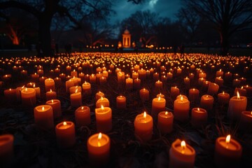 A large group of candles are lit in a park at night Scene is peaceful