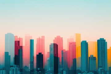 Fototapeta premium Close-up of successful business with real estate assets, featuring striking colors and copy space. Double exposure with silhouettes of high-rise buildings.