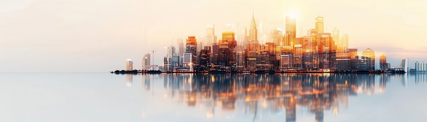 Obraz premium Panoramic view of a modern city skyline reflected in water at sunrise, showcasing urban architecture and city life.