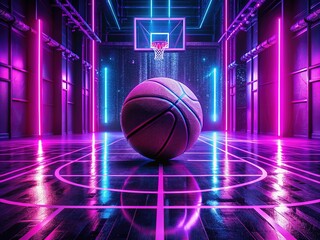 Vibrant neon purple basketball court illuminated by spotlight, surrounded by futuristic digital elements, set against dark cyberpunk background, captured with wide-angle lens in natural lighting.