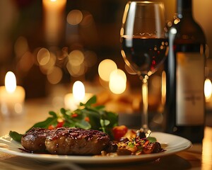 Elegant Fine Dining Table Setting with Gourmet Meal Wine Bottle and Glass