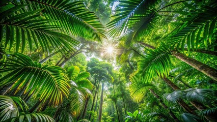 Lush tropical rainforest canopy providing shade and shelter, tropical, rainforest, lush, greenery, foliage, canopy, shelter