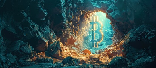 Mysterious Cave with Glowing Bitcoin Symbol Illuminated by Ethereal Light in a Fantasy Landscape