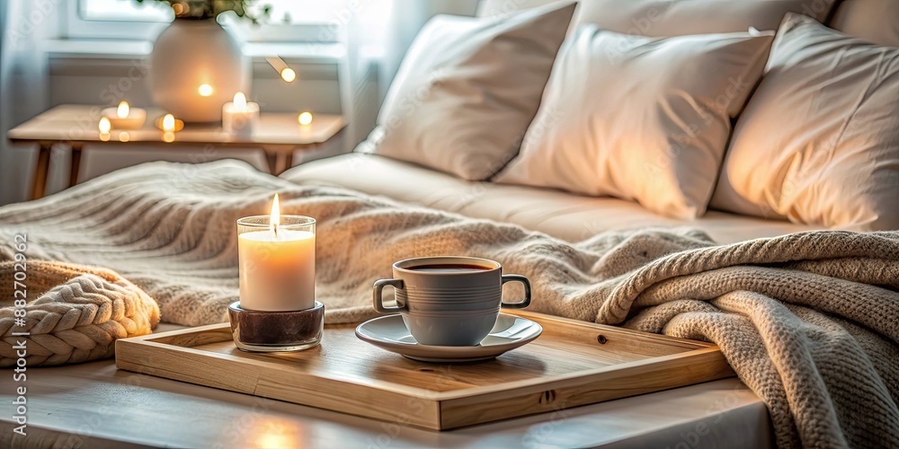 Canvas Prints Cozy morning in bedroom with warm candle and coffee Hygge, hygge, morning, bedroom, cozy, warm, candle, coffee, relaxation